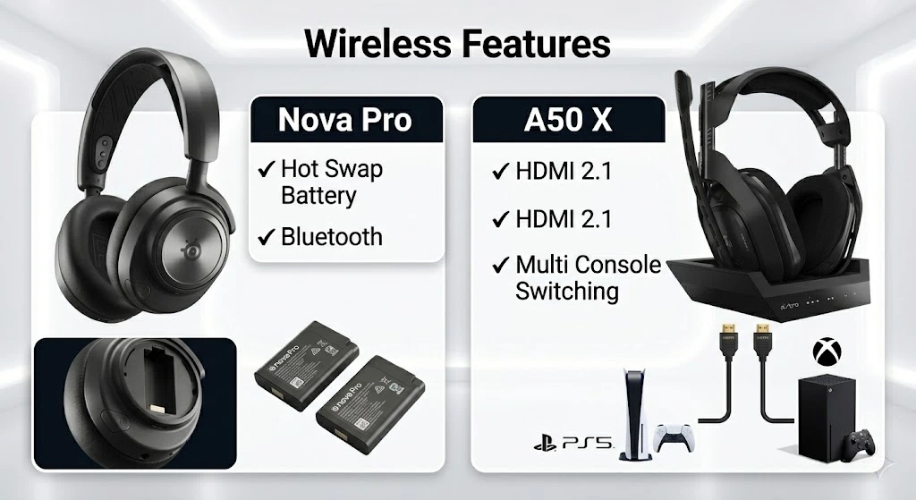 SteelSeries Arctis Nova Pro vs Astro A50 X battery and connectivity feature comparison
