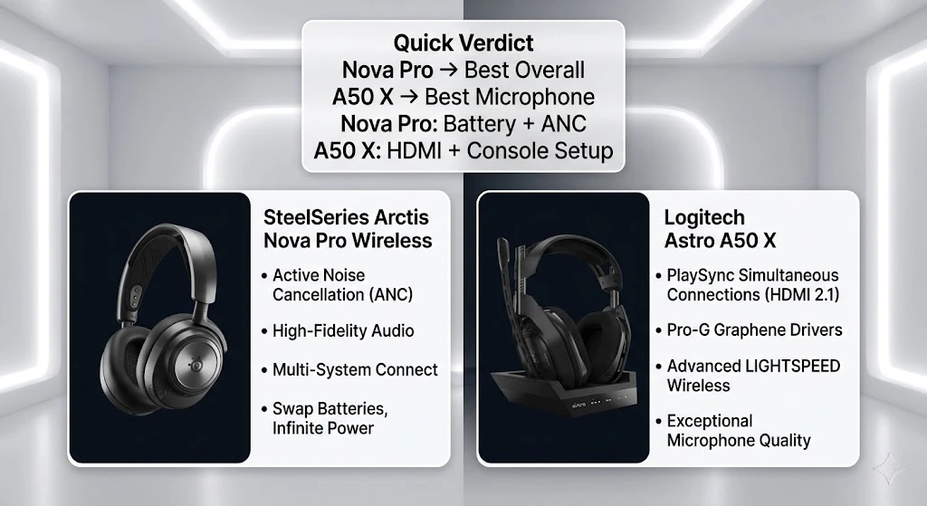 SteelSeries Arctis Nova Pro vs Astro A50 X quick verdict comparison for gaming headset buyers