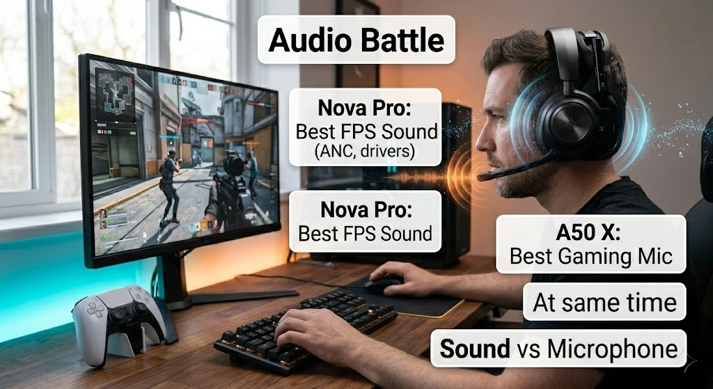 SteelSeries Arctis Nova Pro vs Astro A50 X sound quality and microphone comparison for gamers