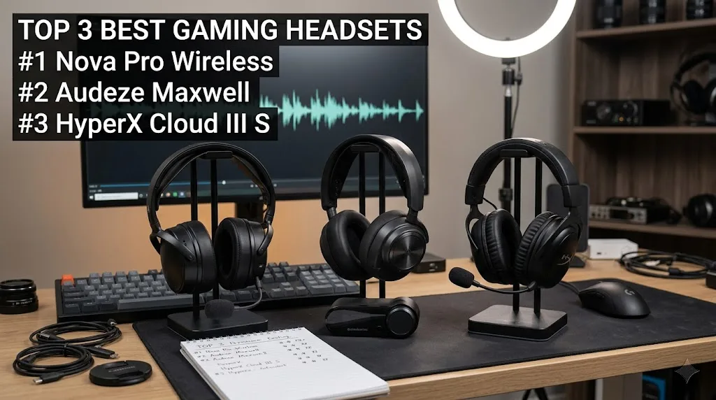 Best Gaming Headsets top three picks featuring Nova Pro Wireless Audeze Maxwell and HyperX Cloud III S